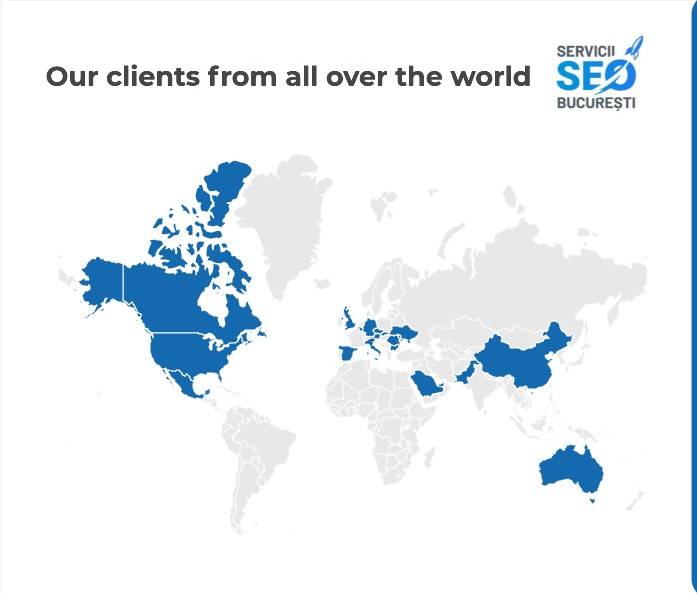 Harta lumii evidențiază țările cu clienți în albastru, prezentând acoperirea internațională a „Servicii SEO București” și expertiza sa în furnizarea de servicii SEO de top în București.