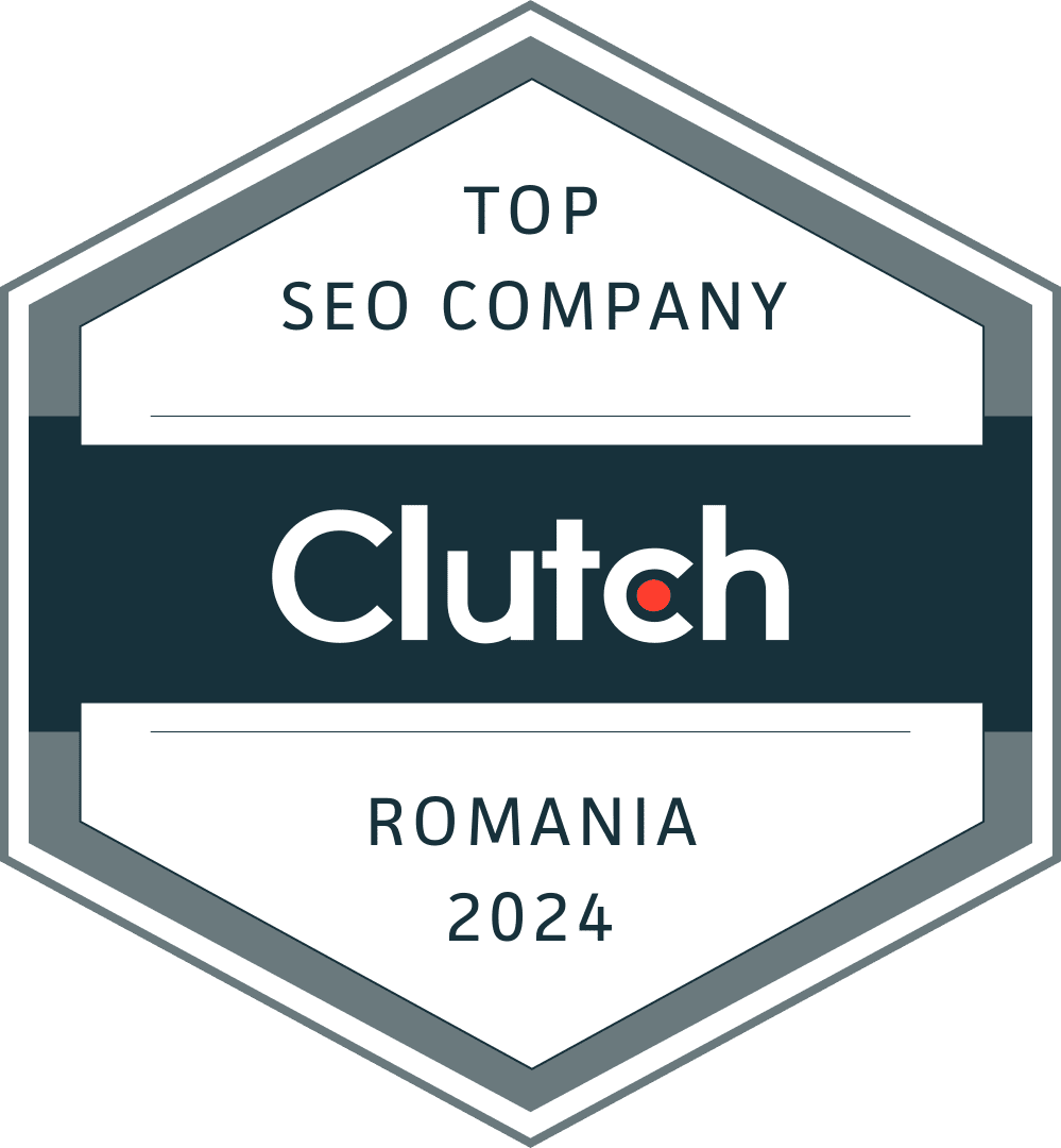 Ecuson hexagonal care afișează „Top SEO Company Clutch Romania 2024” cu o bandă albastru închis în centru și „Clutch” în text alb, evidențiind excepționalele noastre Servicii SEO Bucuresti.