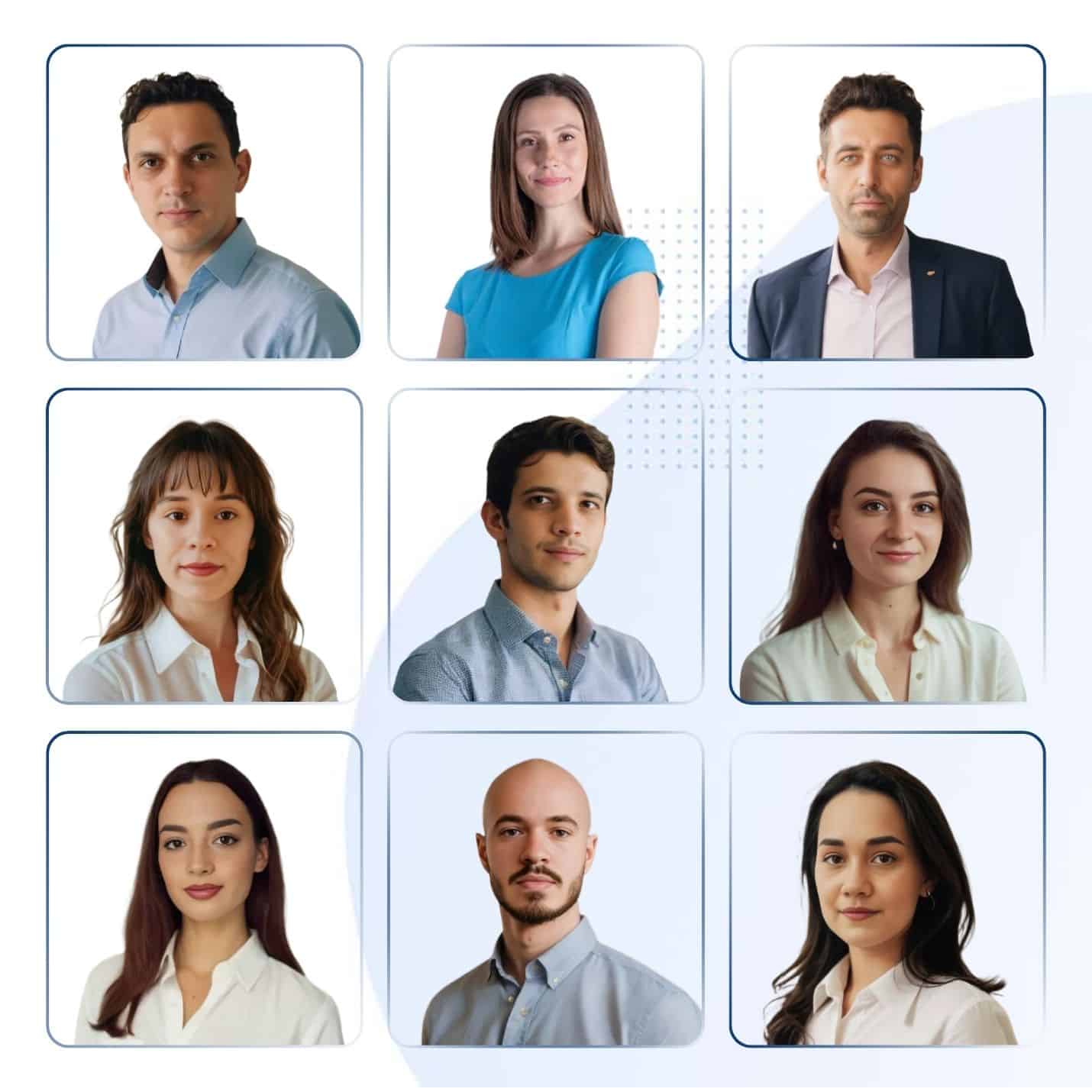 O grilă de nouă portrete individuale, prezentând bărbați și femei în ținute business-casual, optimizează stilul online al magazinului SEO. Fiecare portret este așezat pe un fundal alb, asigurând un aspect curat și profesional.