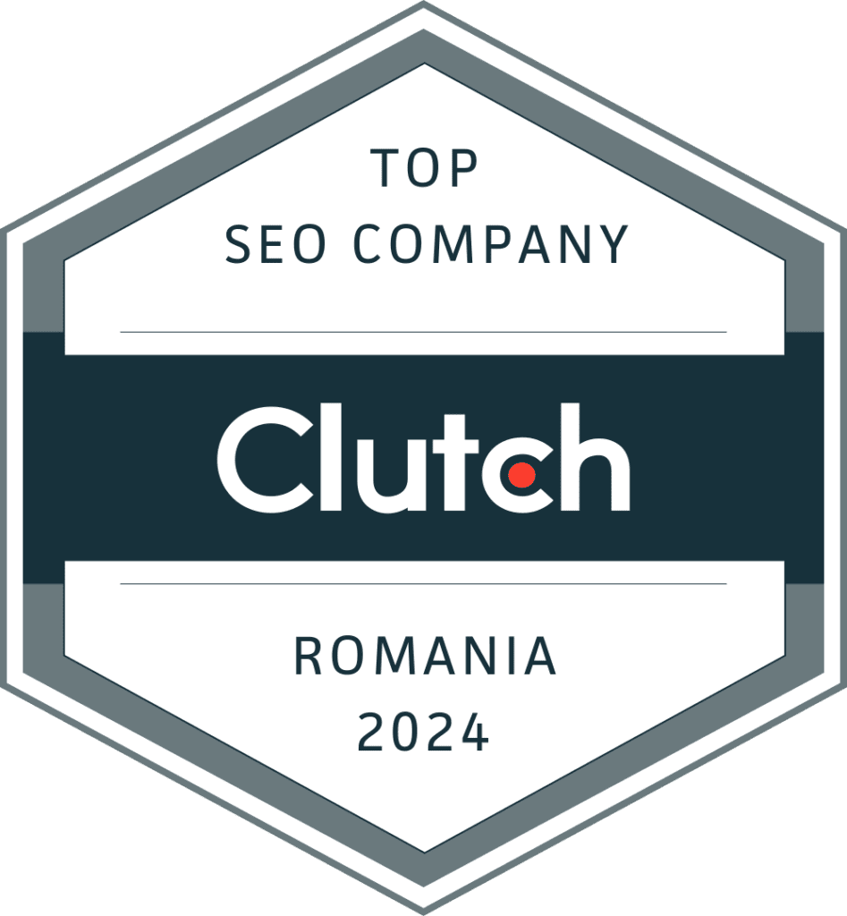 Ecuson hexagonal care afișează „Top SEO Company Clutch Romania 2024” cu o bandă albastru închis în centru și „Clutch” în text alb, evidențiind excepționalele noastre Servicii SEO Bucuresti.