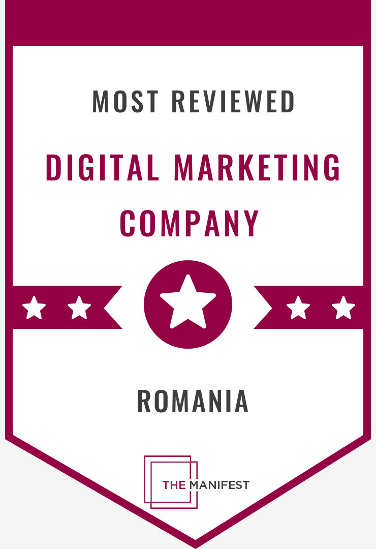 Insigna de premiu intitulată „Most Reviewed Digital Marketing Company, Romania” cu o stea și sigla „The Manifest”, evidențiind Servicii SEO București de top.