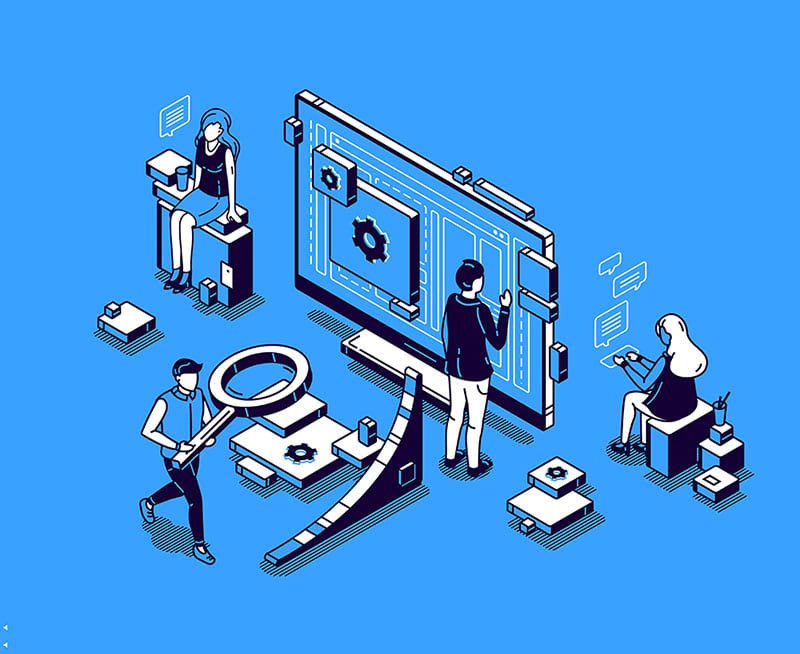 Ilustrație izometrică a unui grup de oameni care optimizează SEO pe un computer.