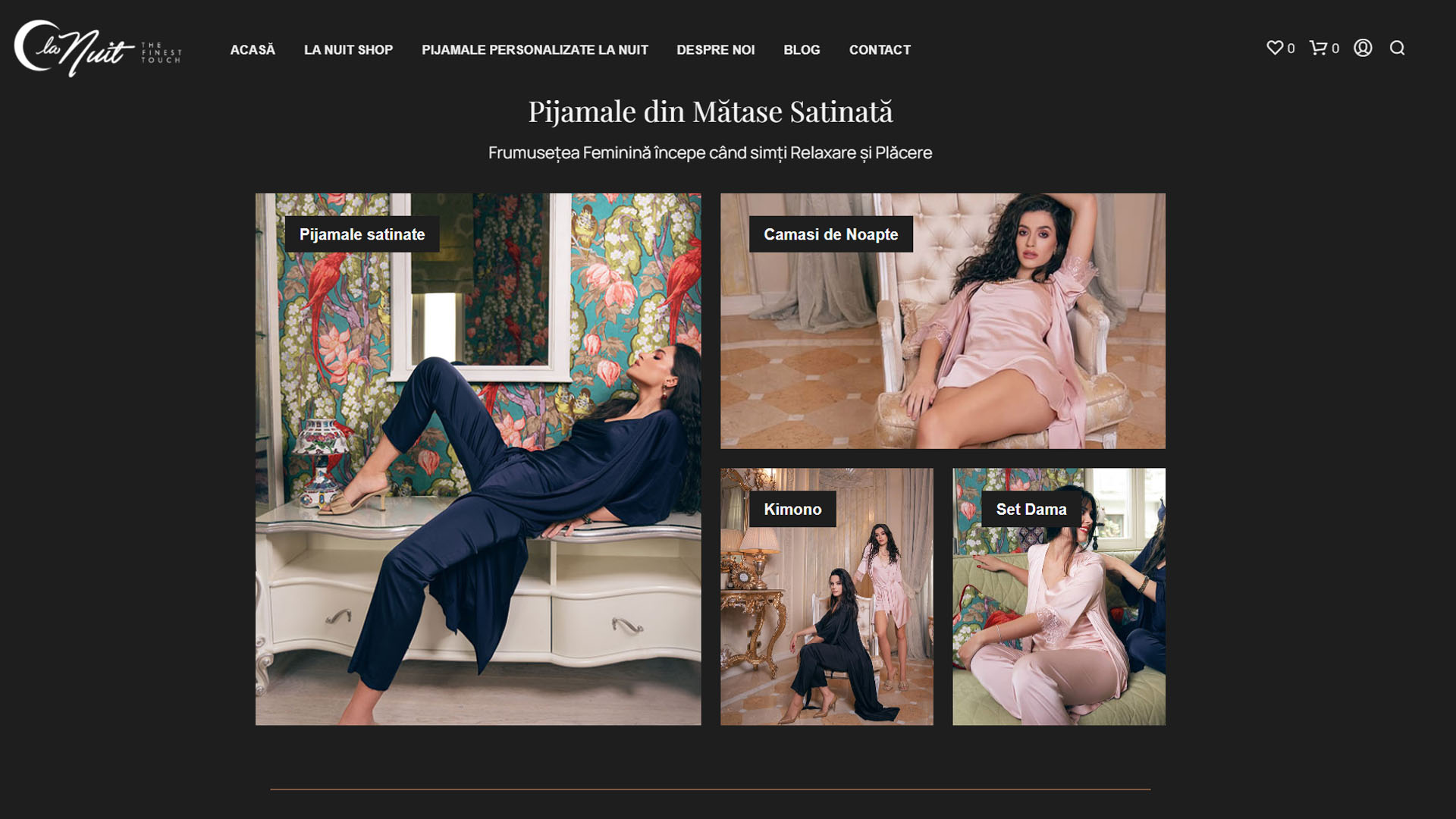 Pagina de pornire a unui site web cu poza unei femei într-o rochie neagră.