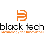 Sigla Black Tech cu sloganul „Tehnologie pentru inovatori”. Designul prezintă o schemă de culori portocaliu și negru cu un simbol abstract „B” deasupra textului.