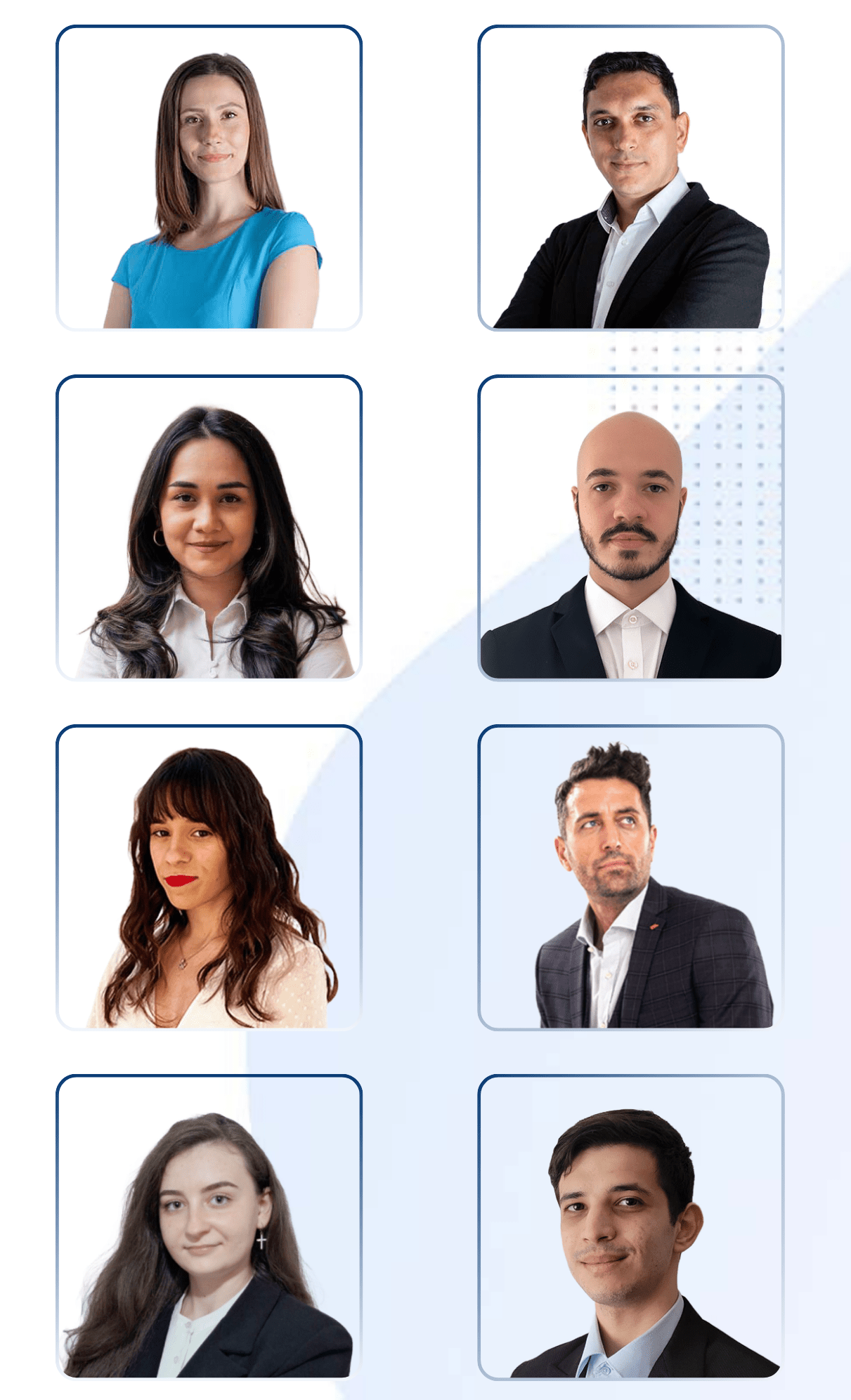 Grilă de opt fotografii profesionale la cap, prezentând patru femei și patru bărbați în ținută de afaceri pe un fundal simplu, ideal pentru îmbunătățirea magazinului optimizare SEO online.