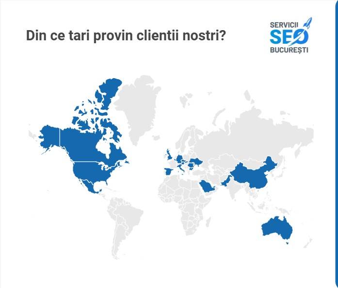 O hartă care prezintă țările de origine a clienților, prezentând Canada, SUA, Marea Britanie, Germania și numeroase țări europene și asiatice alături de Australia. Explorați de unde vin clienții noștri cu „Servicii SEO București” afișat vizibil.