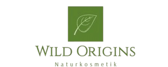 Logo pentru Wild Origins Naturkosmetik cu o frunză verde în interiorul unui pătrat deasupra numelui mărcii.