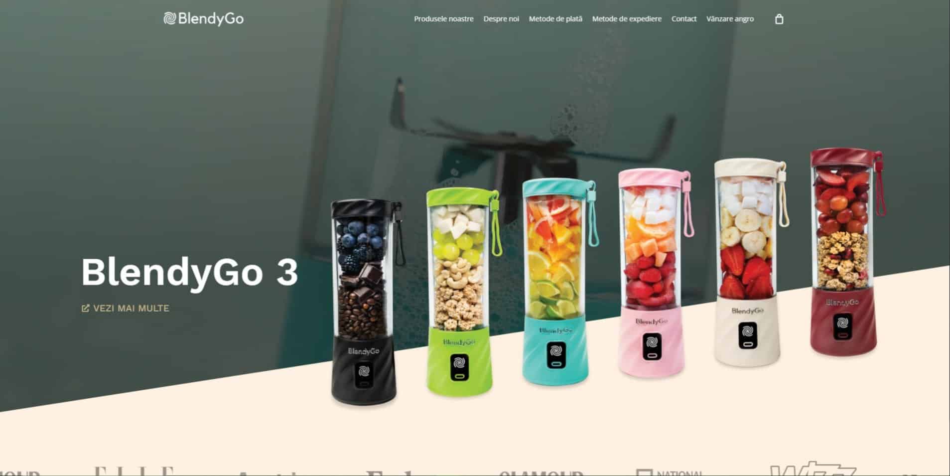 Șase blendere portabile BlendyGo în culori diferite, fiecare umplut cu diverse fructe și ingrediente, expuse la rând pe site-ul web al unui produs.