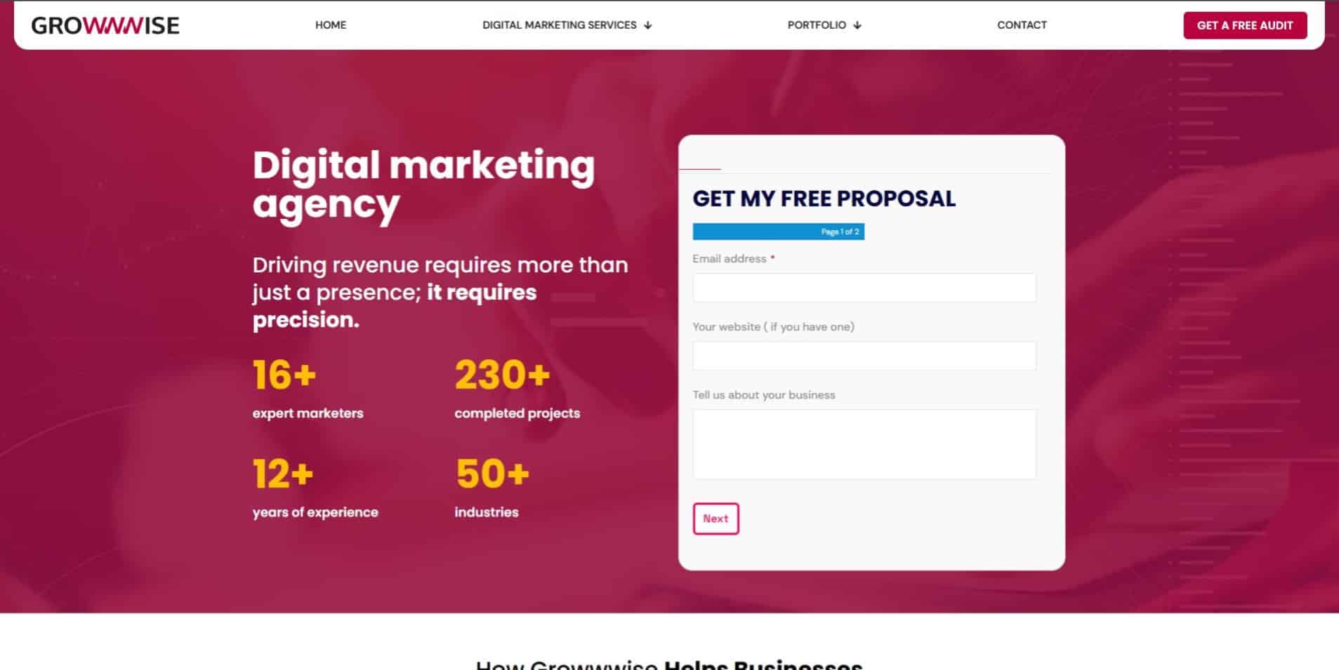 Captură de ecran a paginii principale a agenției de marketing digital Growwise, care prezintă statistici despre servicii și un formular pentru a solicita o ofertă gratuită.