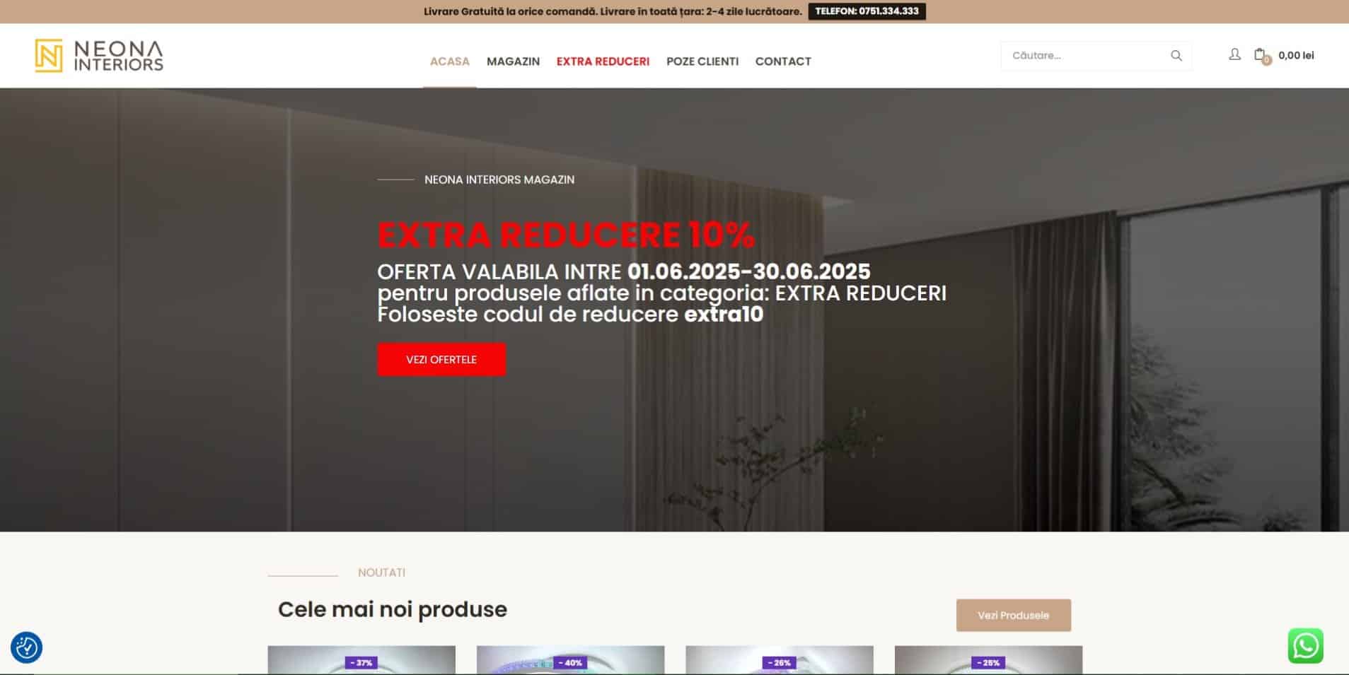 Captură de ecran a paginii principale a site-ului Neona Interiors, care evidențiază o ofertă de reducere de 10% la anumite produse, valabilă între 1 iunie 2025 și 30 iunie 2025.