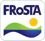 Logo FRoSTA cu text albastru mare deasupra unui val verde și albastru cu un cerc galben reprezentând soarele în partea dreaptă.