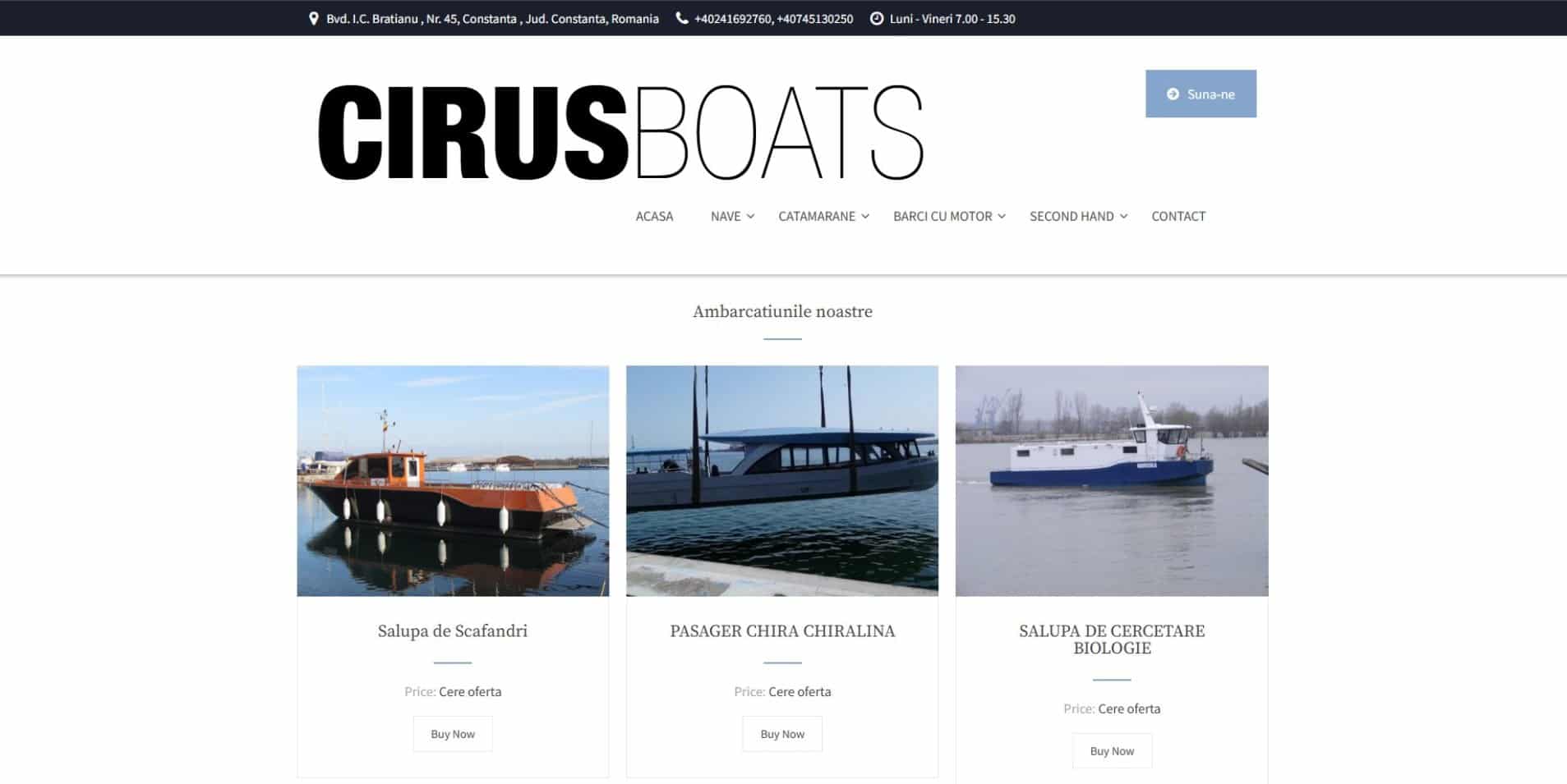 Captură de ecran a paginii de pornire a site-ului CIRUS BOATS care prezintă trei bărci de vânzare, fiecare cu o imagine, o descriere și un buton "Cumpărați acum". Meniul de navigare este vizibil în partea de sus.