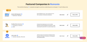 O listă a companiilor recomandate din România, cu numele, locația, descrierea serviciilor și linkurile de profil de pe un site web. O insignă "TOP 10" este vizibilă lângă ultima intrare a companiei.