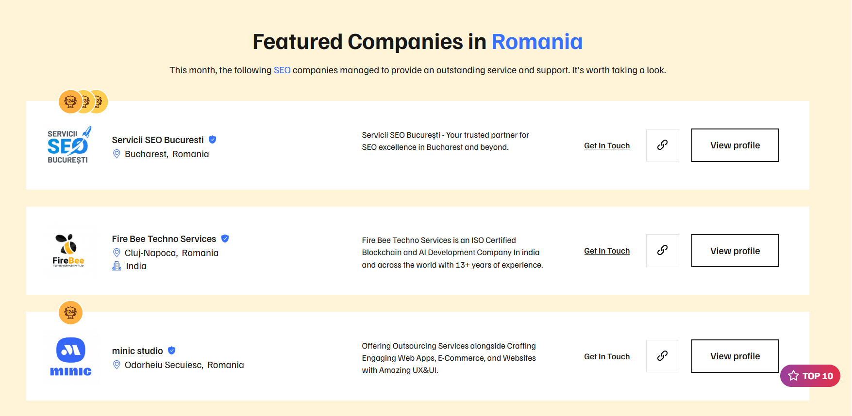 O listă a companiilor recomandate din România, cu numele, locația, descrierea serviciilor și linkurile de profil de pe un site web. O insignă "TOP 10" este vizibilă lângă ultima intrare a companiei.