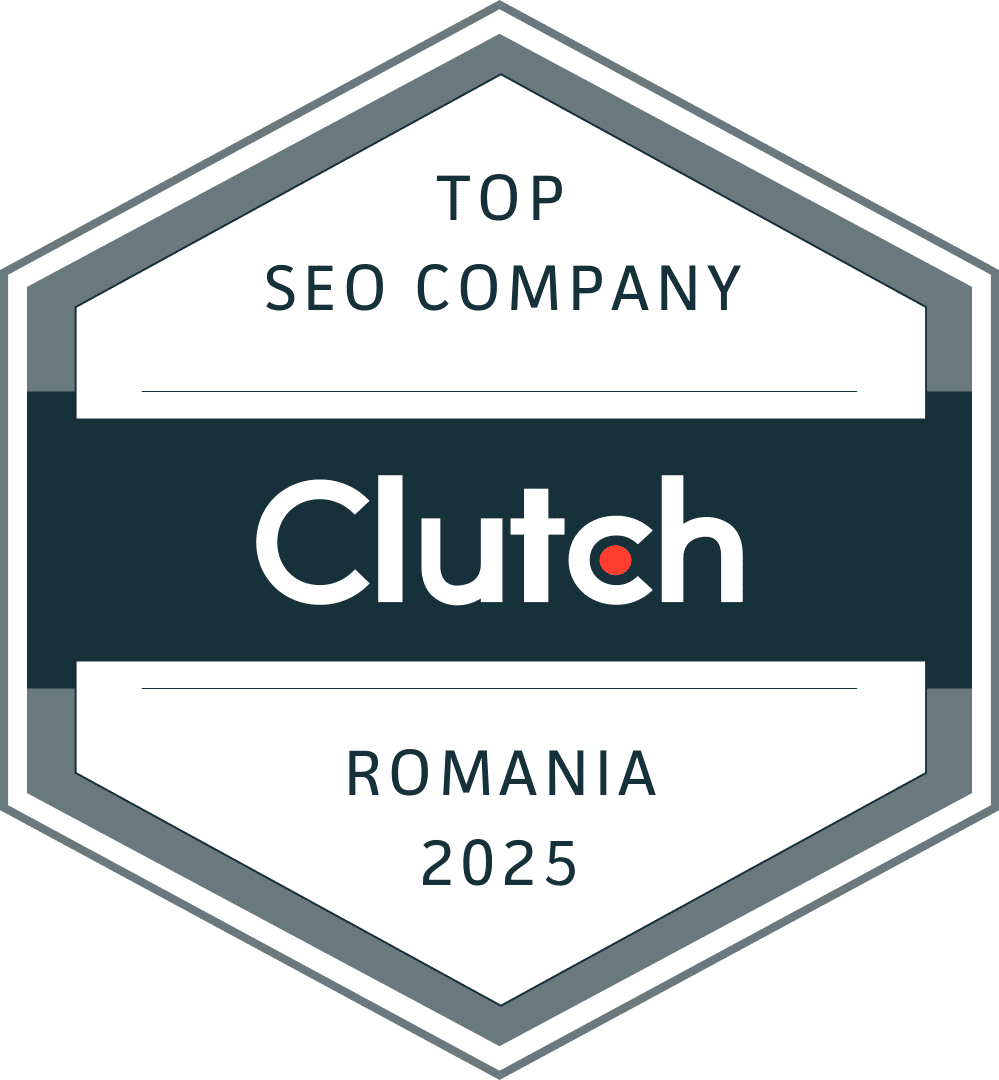 Insignă hexagonală cu textul "Top SEO Company Clutch Romania 2025" în alb și negru, cu logo-ul Clutch în centru - ideală pentru prezentarea excelenței SEO în ecommerce.