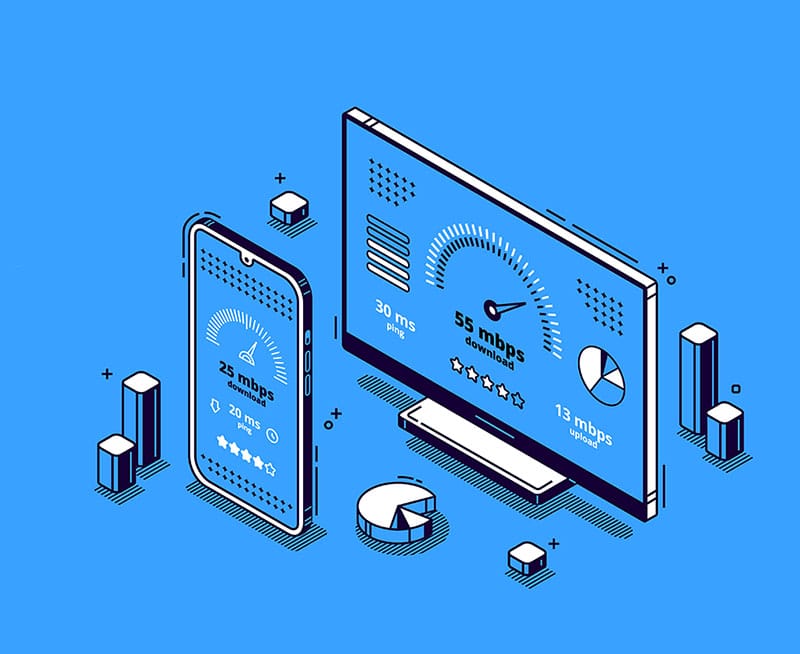 O imagine izometrică a unui telefon și computer optimizată pentru SEO.