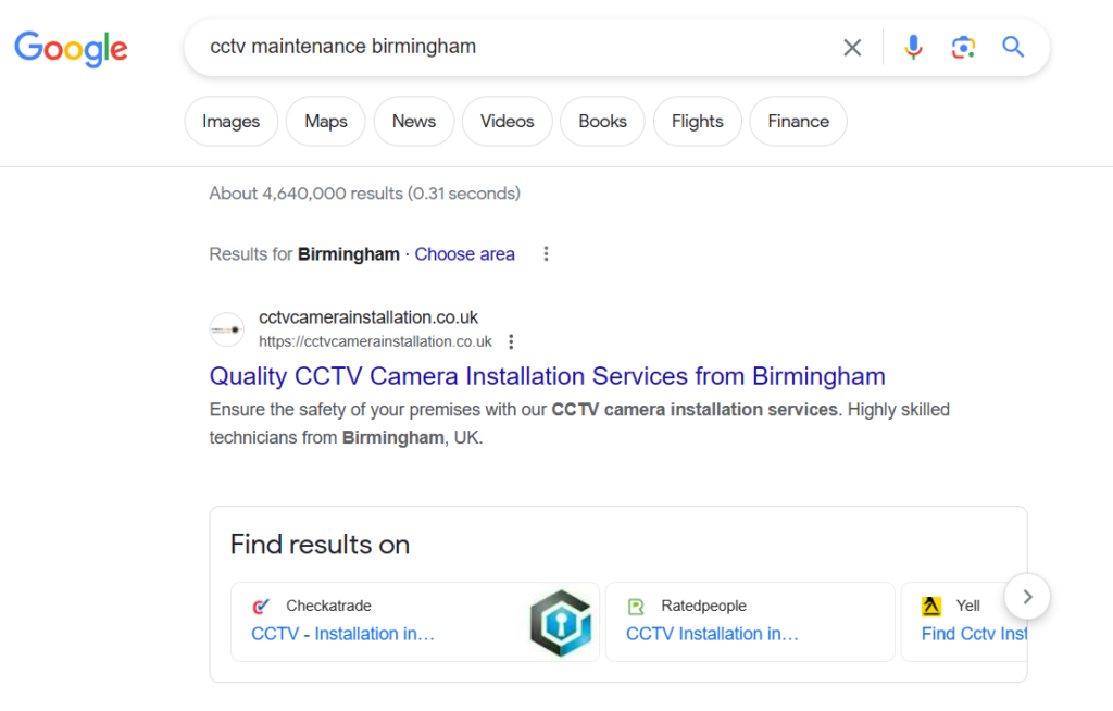 O căutare pe google pentru servicii cctv în Birmingham.