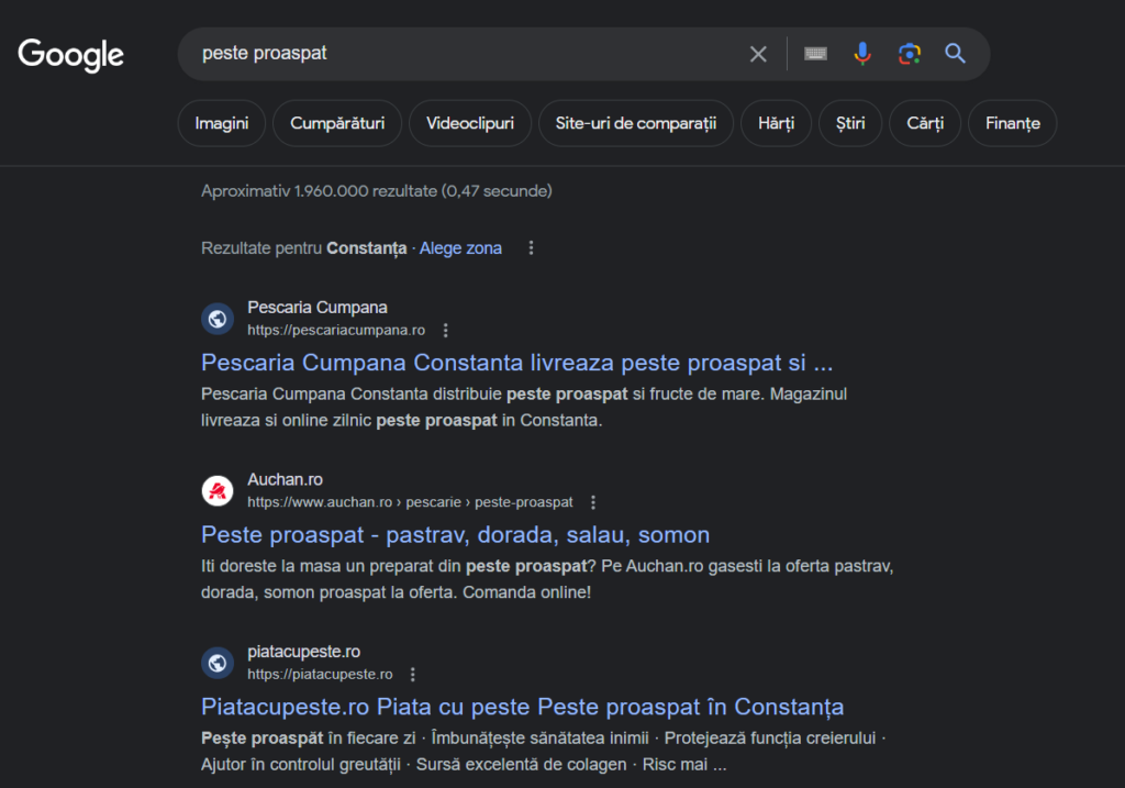 O captură de ecran a unei pagini de căutare Google.
