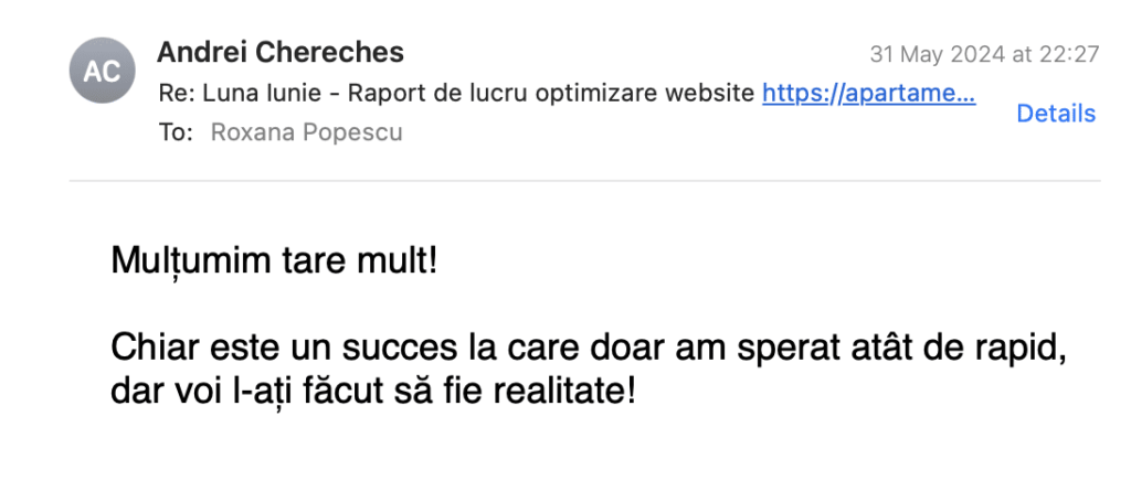 E-mail de la Andrei Cherchesh către Roxana Popescu pe 31 mai 2024, prin care se exprimă mulțumiri și se recunoaște succesul unui raport de optimizare a site-ului web, cu un subiect despre munca din iunie.