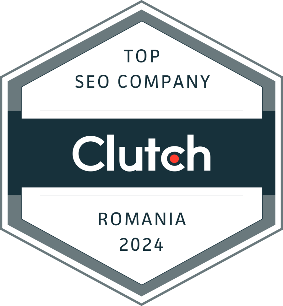 Ecuson hexagonal care afișează „Top SEO Company Clutch Romania 2024” cu o bandă albastru închis în centru și „Clutch” în text alb, evidențiind excepționalele noastre Servicii SEO Bucuresti.