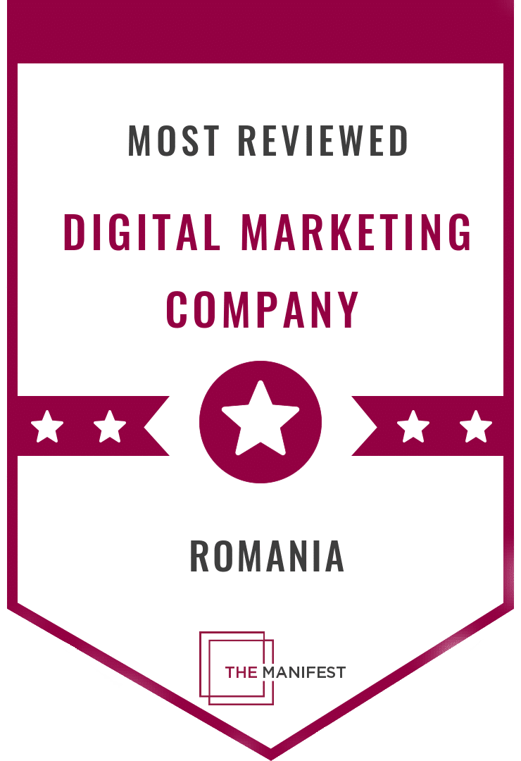 Banner de premiu pentru „Cea mai recenzată companie de marketing digital” din România, prezentat de The Manifest, cu vedete și un design maro îndrăzneț.