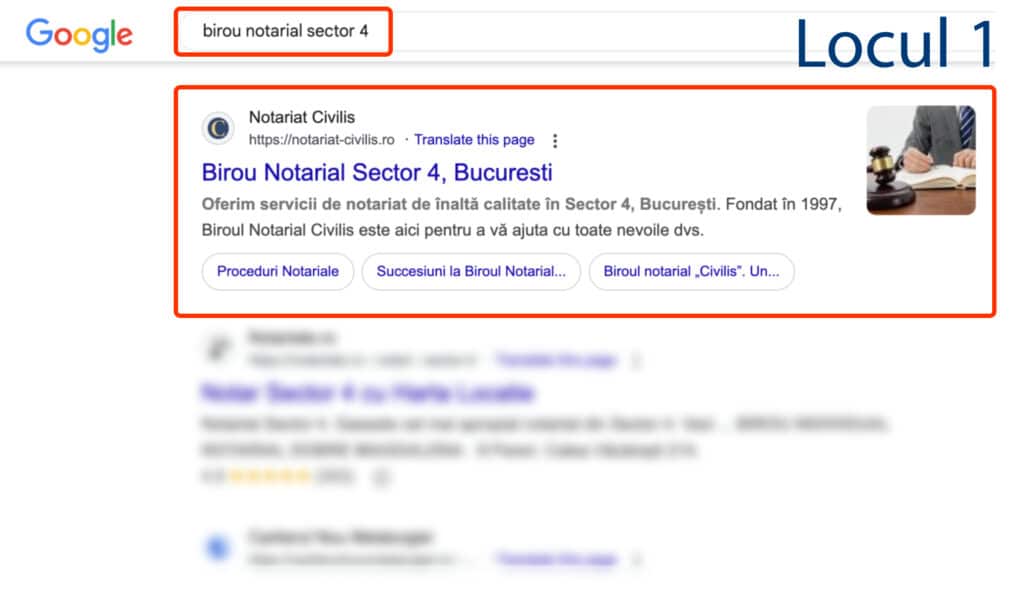 Rezultatele căutării Google pentru „birou notarial sector 4” cu rezultatul de top indicând „Notariat Civilis” care oferă servicii notariale în sectorul 4, București.