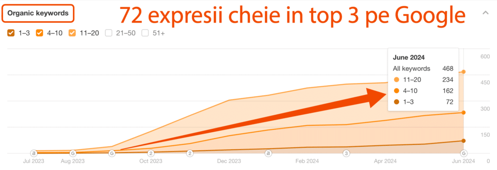 Grafic cu linii care arată creșterea clasărilor organice ale cuvintelor cheie din iunie 2023 până în iunie 2024, cu 72 de cuvinte cheie ajungând în top 3 de la Google și un total de 468 de cuvinte cheie clasate.