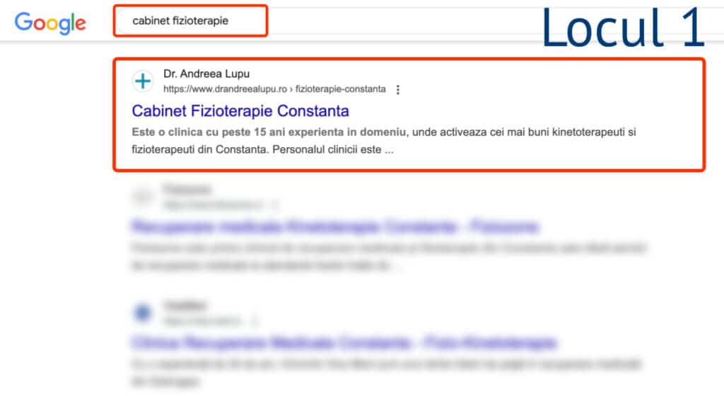 O căutare pe Google pentru „cabinet fizioterapie” afișează un rezultat al căutării de top evidențiat pentru o clinică de fizioterapie din Constanța, România.