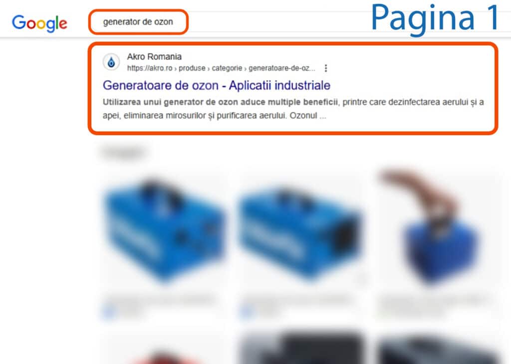 Pagina cu rezultatele căutării Google pentru „generator de ozon”, afișând un prim rezultat evidențiat și imagini cu generatoare de ozon albastru mai jos.