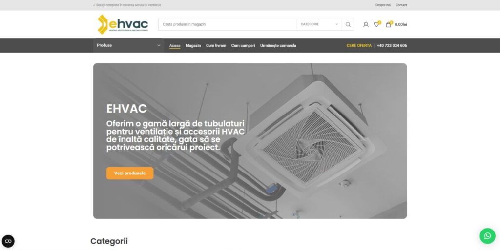 Captură de ecran a paginii principale a site-ului web ehvac, care prezintă o unitate HVAC de tavan, un meniu de navigare, o bară de căutare și un banner promoțional pentru produse și accesorii HVAC.