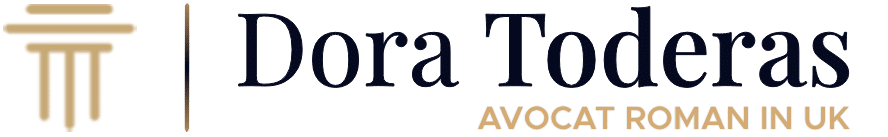 Logo cu o coloană stilizată în stânga, textul "Dora Toderas" cu litere mari și "AVOCAT ROMAN IN UK" cu litere aurii mai mici dedesubt.