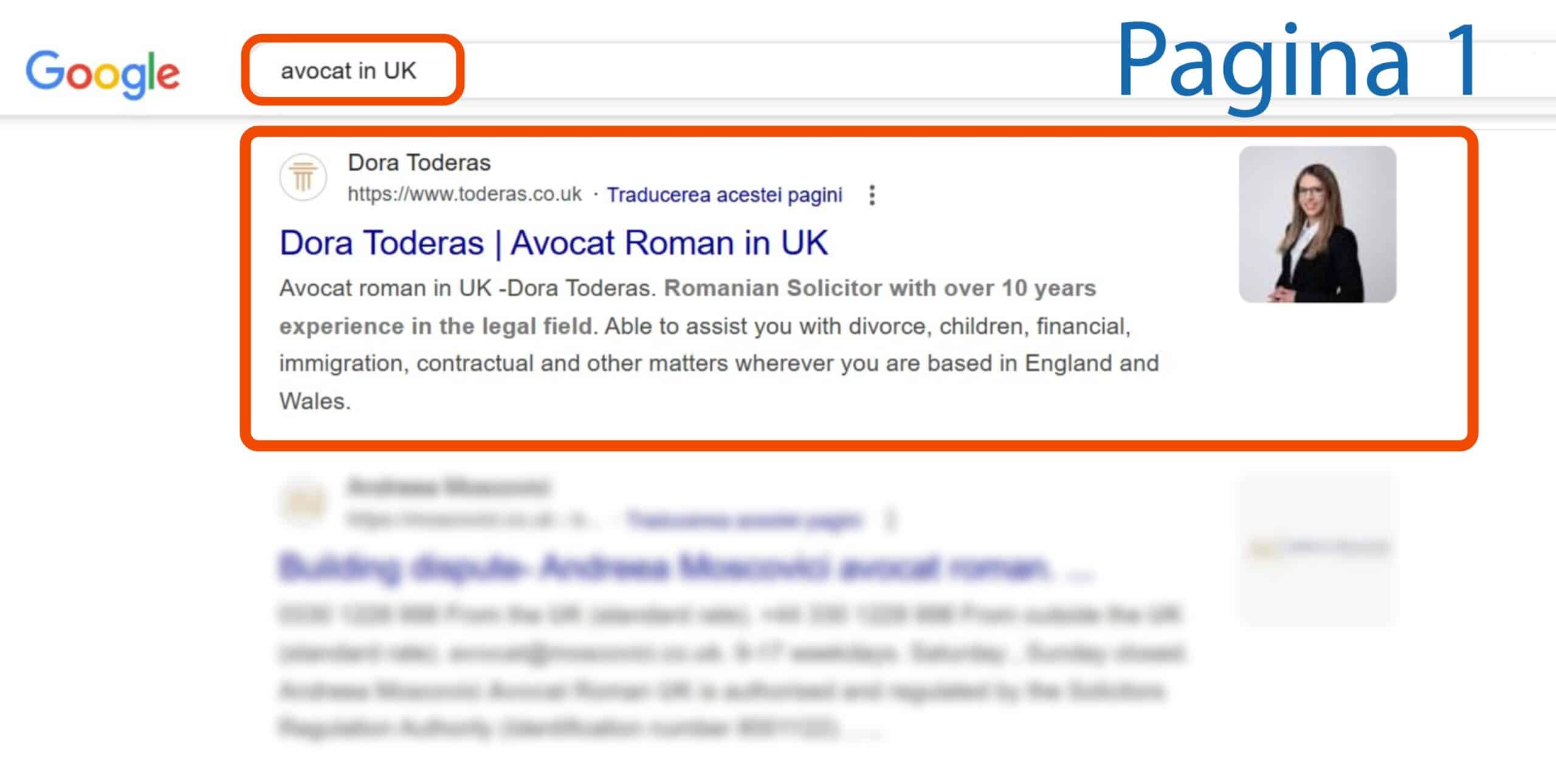 Pagina cu rezultatele căutării Google pentru "avocat în Marea Britanie" prezintă un rezultat evidențiat pentru Dora Toderaș, un avocat român în Marea Britanie, cu o fotografie de profil în dreapta.