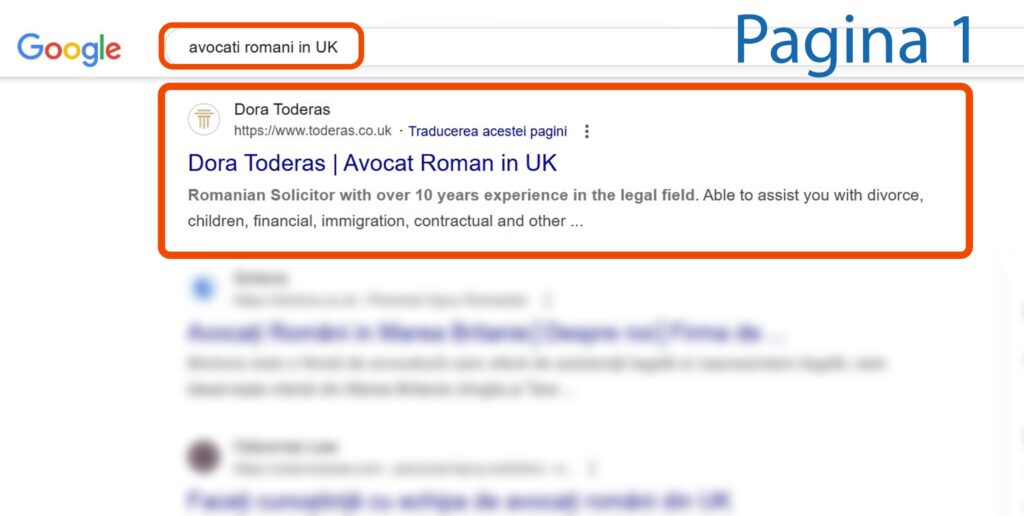 Pagina cu rezultatele căutării Google pentru "avocat romani in UK", care prezintă un fragment prezentat pentru un avocat român care oferă servicii juridice în Regatul Unit, cu termenii de căutare evidențiați.