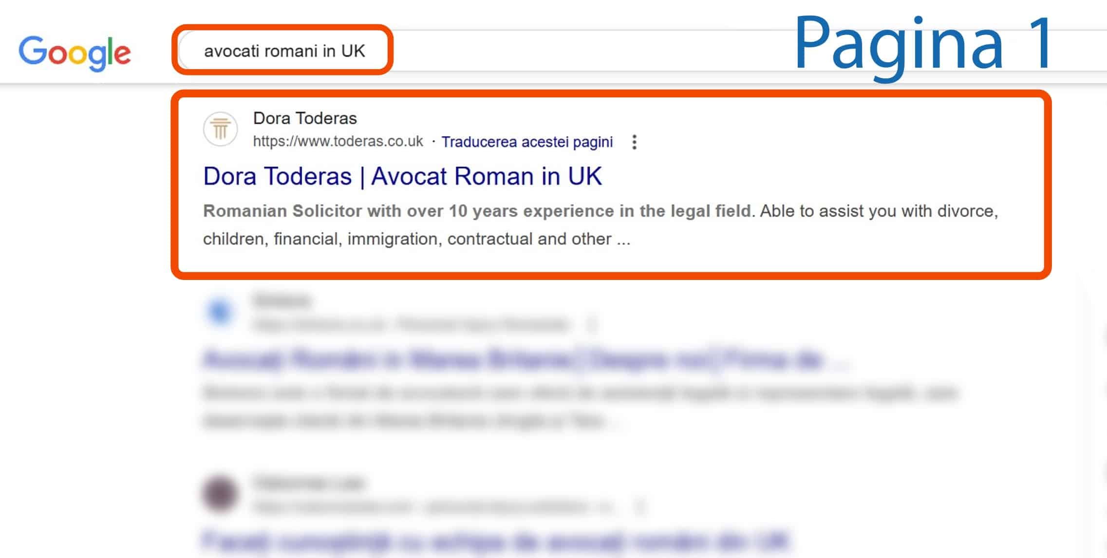 Pagina cu rezultatele căutării Google pentru "avocat romani in UK", care prezintă un fragment prezentat pentru un avocat român care oferă servicii juridice în Regatul Unit, cu termenii de căutare evidențiați.