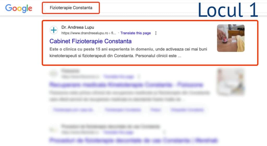 Căutarea Google pentru "Fizioterapie Constanța" afișează rezultatul de top pentru o clinică de fizioterapie cu detalii de contact și o previzualizare mică a imaginii.