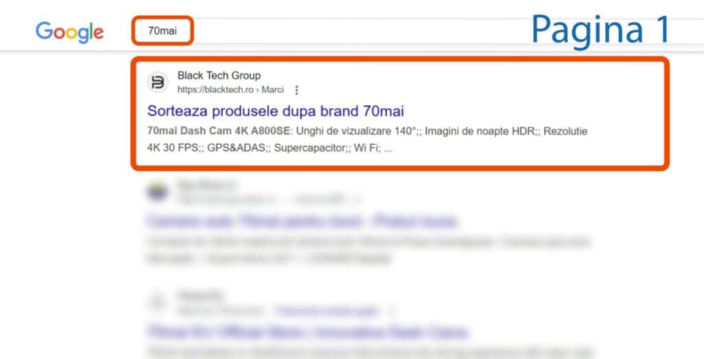 Pagina cu rezultatele căutării Google pentru interogarea "70mai", care prezintă un rezultat de top de la "Black Tech Group" cu detalii despre camera de bord 70mai.
