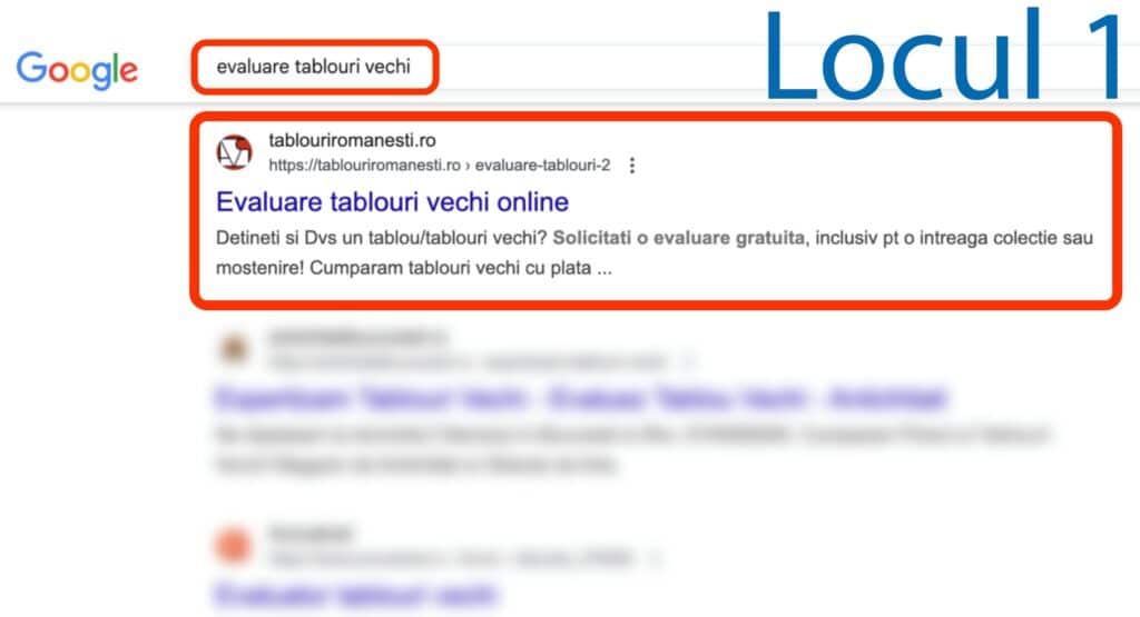 Pagina de rezultate a căutării Google pentru "evaluare tablouri vechi" cu primul rezultat evidențiat, care arată un site web care oferă servicii online de evaluare a operelor de artă.