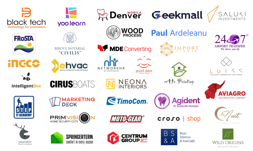 O grilă de 36 de logo-uri de companii care au lucrat cu succes cu Servicii SEO Bucuresti, fiecare afișând branding, culori și fonturi unice pe un fundal alb - inspirație perfectă pentru orice agenție de marketing care caută idei noi de design.