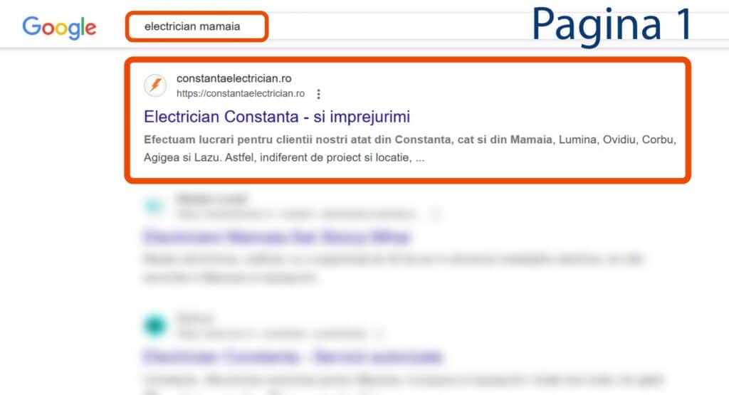 Pagina cu rezultatele căutării pe Google pentru "electrician mamaia", evidențiind o listă pentru un electrician în Constanța și zonele din apropiere, inclusiv Mamaia.
