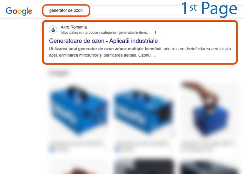 Pagina cu rezultatele căutării Google pentru "generator de ozon", care prezintă un rezultat de top evidențiat pentru aplicațiile generatorului de ozon și imagini neclare ale produselor de mai jos.