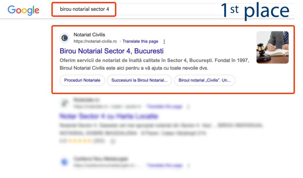 Căutarea Google pentru "birou notarial sector 4" arată Notariat Civils pe locul 1, cu un link către site și o scurtă descriere a activității evidențiate în partea de sus.