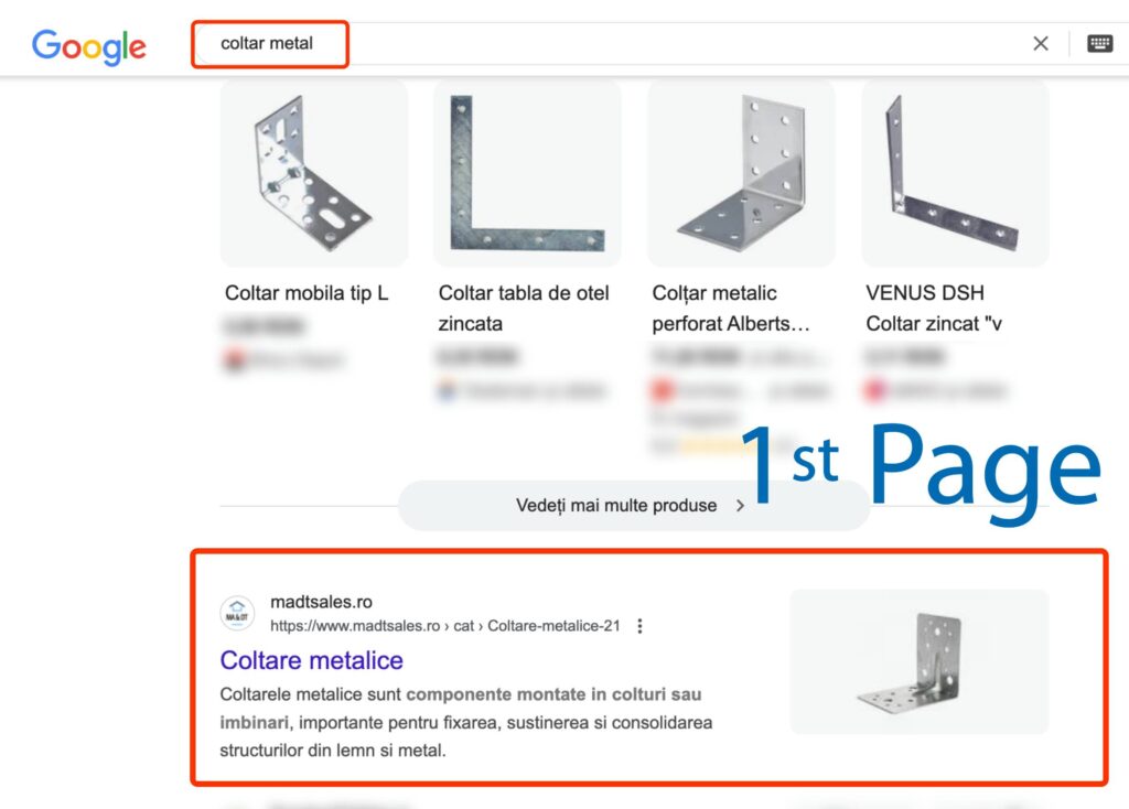 Rezultatele căutării Google pentru "coltar metal" prezintă imagini cu suporturi metalice și o listă de site-uri web evidențiate pe prima pagină.