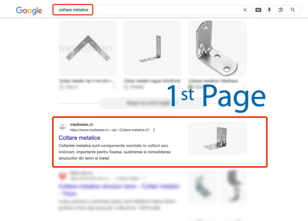 Captură de ecran a unei căutări Google pentru "coltare metalice", care prezintă colțarele metalice și primul rezultat al căutării evidențiat.