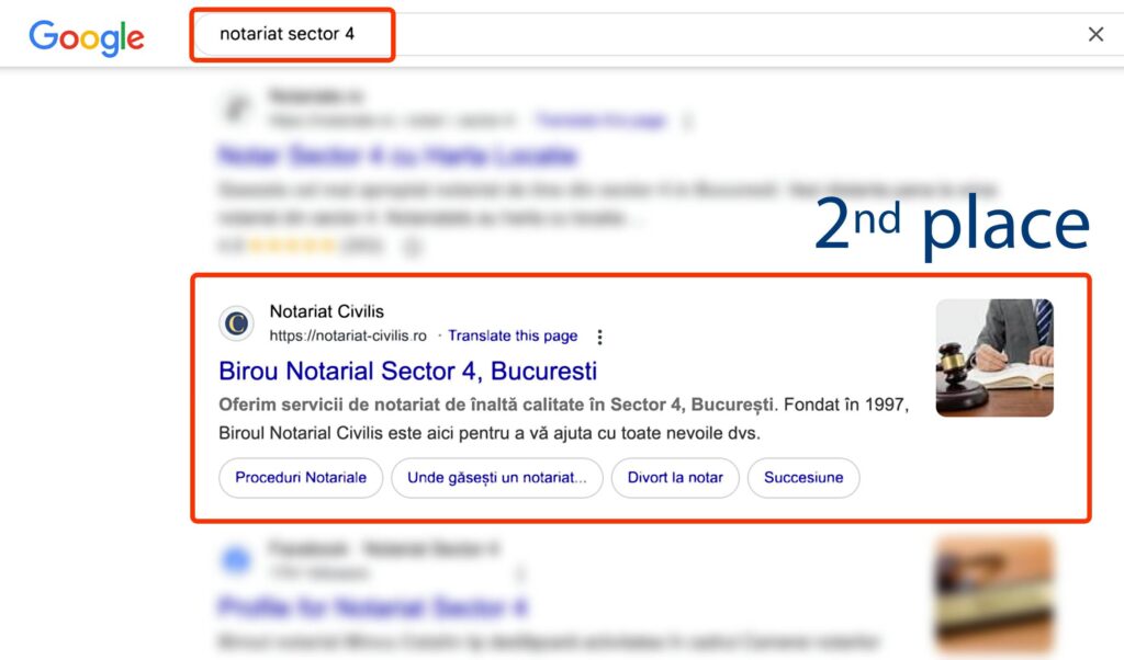 Rezultatele căutării Google pentru "notariat sector 4", cu "Birou Notarial Sector 4, Bucuresti" evidențiat ca al doilea rezultat.