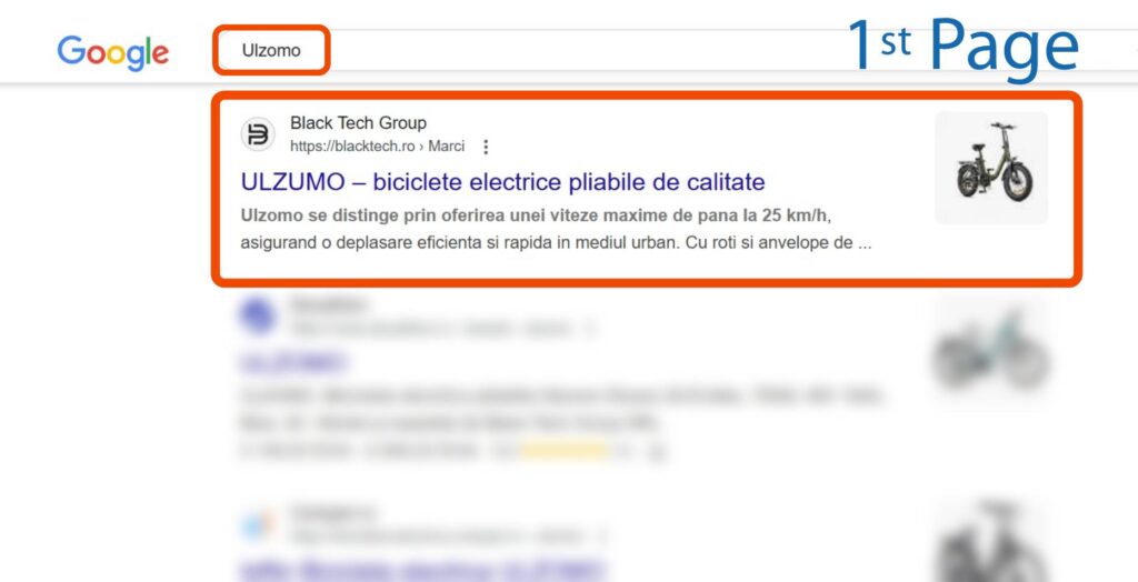 Pagina cu rezultatele căutării Google pentru "Ulzomo" cu primul rezultat evidențiat, care prezintă un anunț pentru bicicletele electrice pliabile ULZUMO de la Black Tech Group.