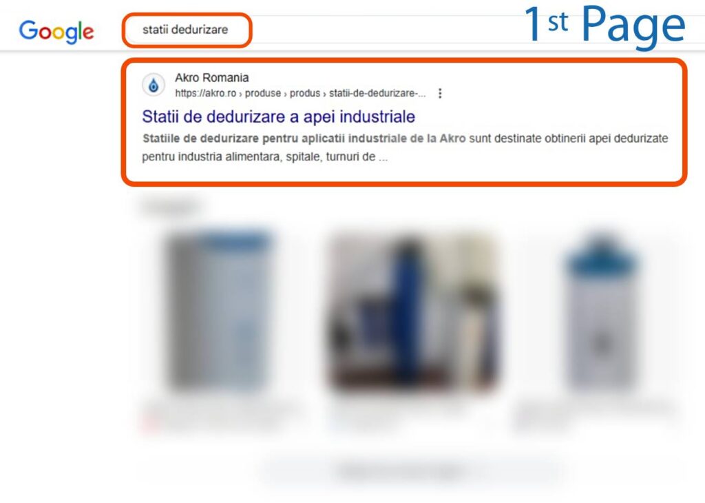 Pagina de rezultate a căutării Google pentru "stații dedurizare" care prezintă site-ul web Akro România ca fiind primul link către stația industrială de dedurizare a apei, cu imagini ale produselor conexe.
