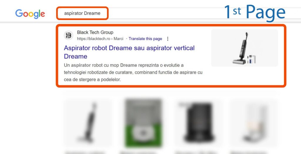 Pagina cu rezultatele căutării Google pentru "aspirator Dreame", care afișează un articol prezentat de Black Tech Group despre modelele de aspiratoare Dreame pe prima pagină.