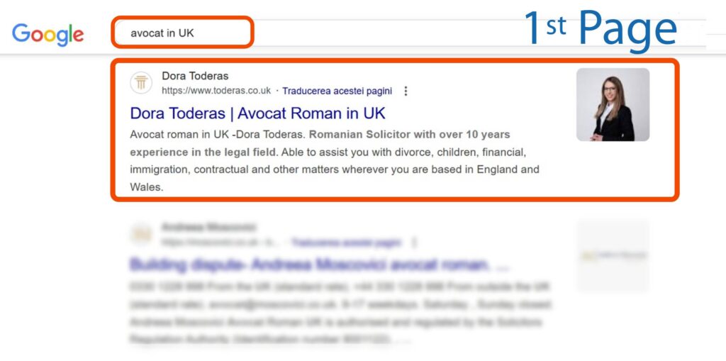 Captură de ecran a unei căutări Google pentru "avocat în Marea Britanie", care arată un rezultat evidențiat în prima pagină pentru Dora Toderaș, un avocat român în Marea Britanie, cu fotografia și descrierea sa.