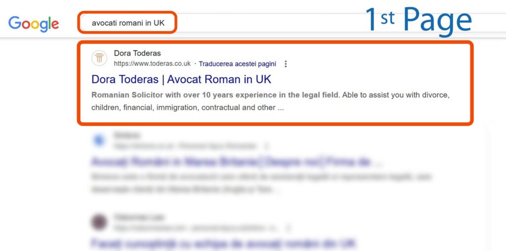 Pagina de rezultate a căutării Google pentru "avocati romani in UK" prezintă un rezultat de căutare de top pentru un avocat român pe nume Dora Toderaș.