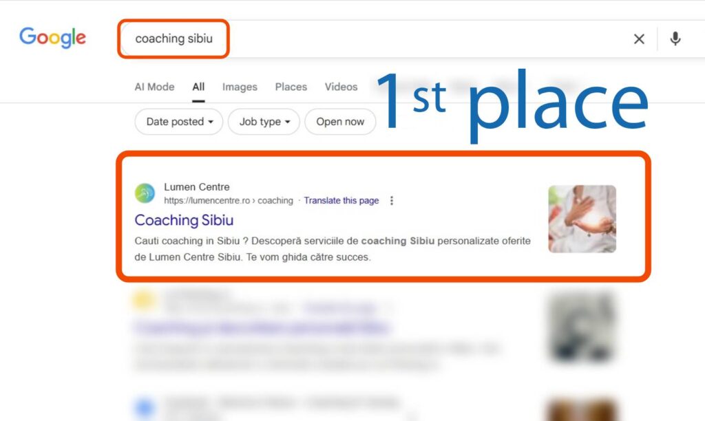 Pagina cu rezultatele căutării Google pentru "coaching sibiu", care prezintă site-ul web al Centrului Lumen pe primul loc, evidențiat cu casete portocalii și textul "Locul 1.